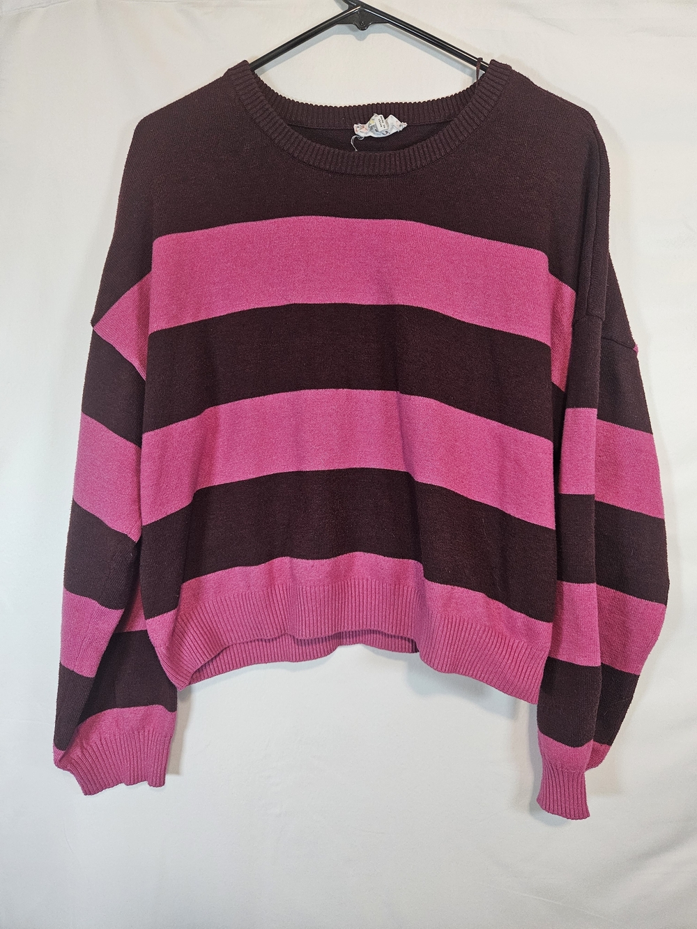 Pink Republic Brown and Pink Striped Drop Shoulder Crew Neck Sweater Size XL